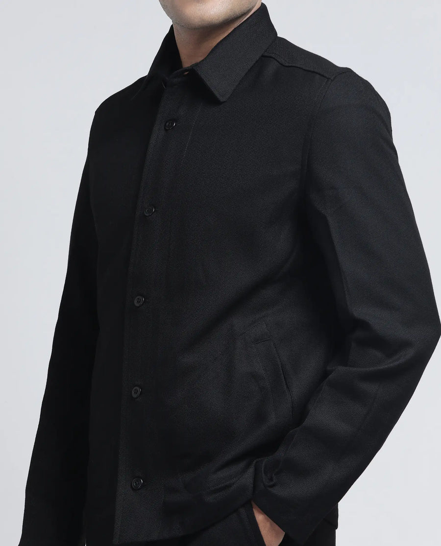 Rare Rabbit Men's Aront Black Polyester Plain Relaxed Fit Full Sleeve Spread Collar Jacket
