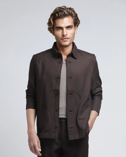 Rare Rabbit Men's Aront Dark Brown Polyester Plain Relaxed Fit Full Sleeve Spread Collar Jacket