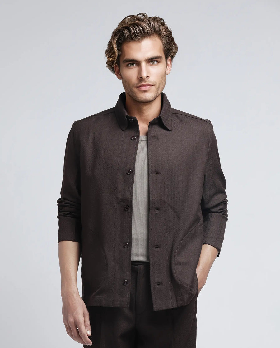 Rare Rabbit Men's Aront Dark Brown Polyester Plain Relaxed Fit Full Sleeve Spread Collar Jacket