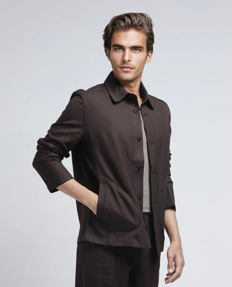 Rare Rabbit Men's Aront Dark Brown Polyester Plain Relaxed Fit Full Sleeve Spread Collar Jacket