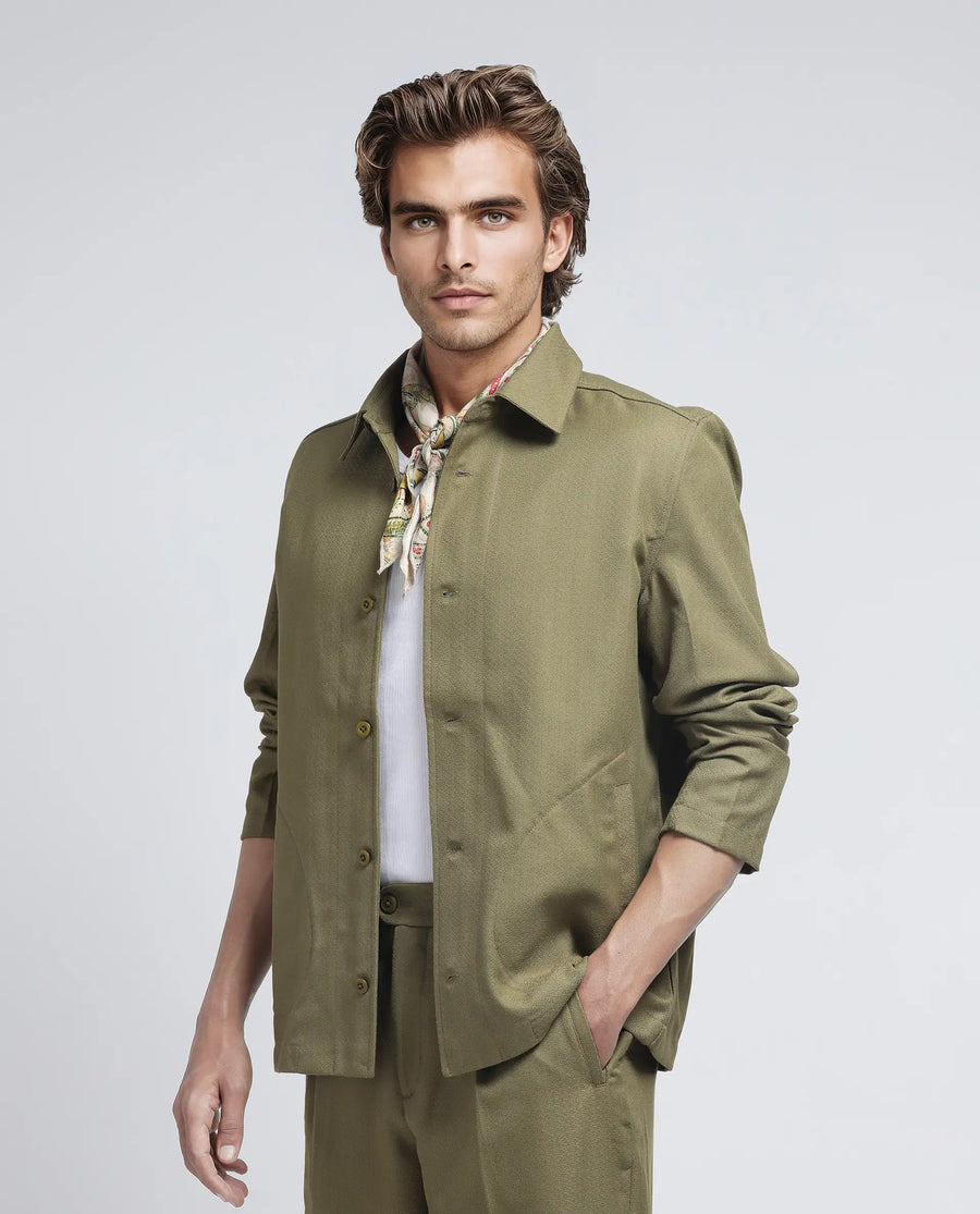 Rare Rabbit Men's Aront Olive Polyester Plain Relaxed Fit Full Sleeve Spread Collar Jacket