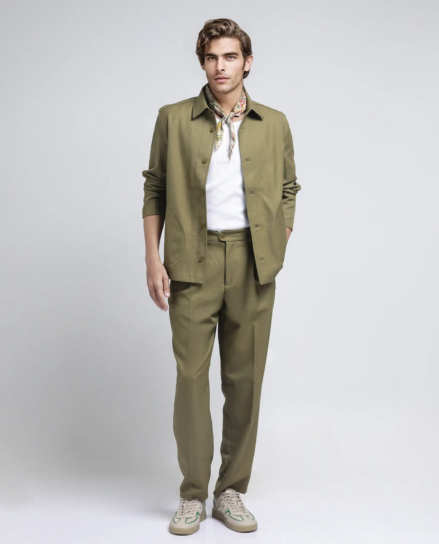 Rare Rabbit Men's Aront Olive Polyester Plain Relaxed Fit Full Sleeve Spread Collar Jacket
