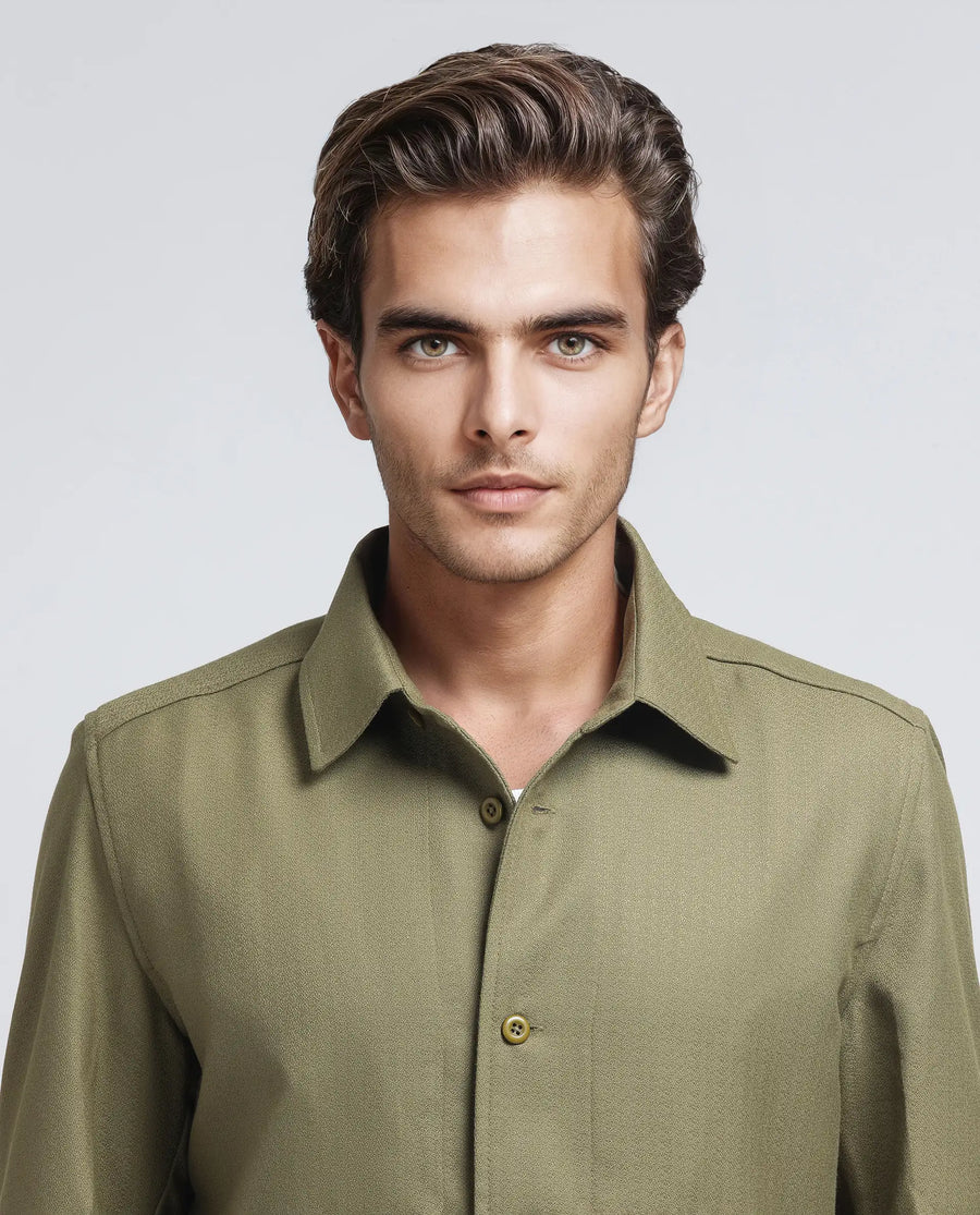Rare Rabbit Men's Aront Olive Polyester Plain Relaxed Fit Full Sleeve Spread Collar Jacket