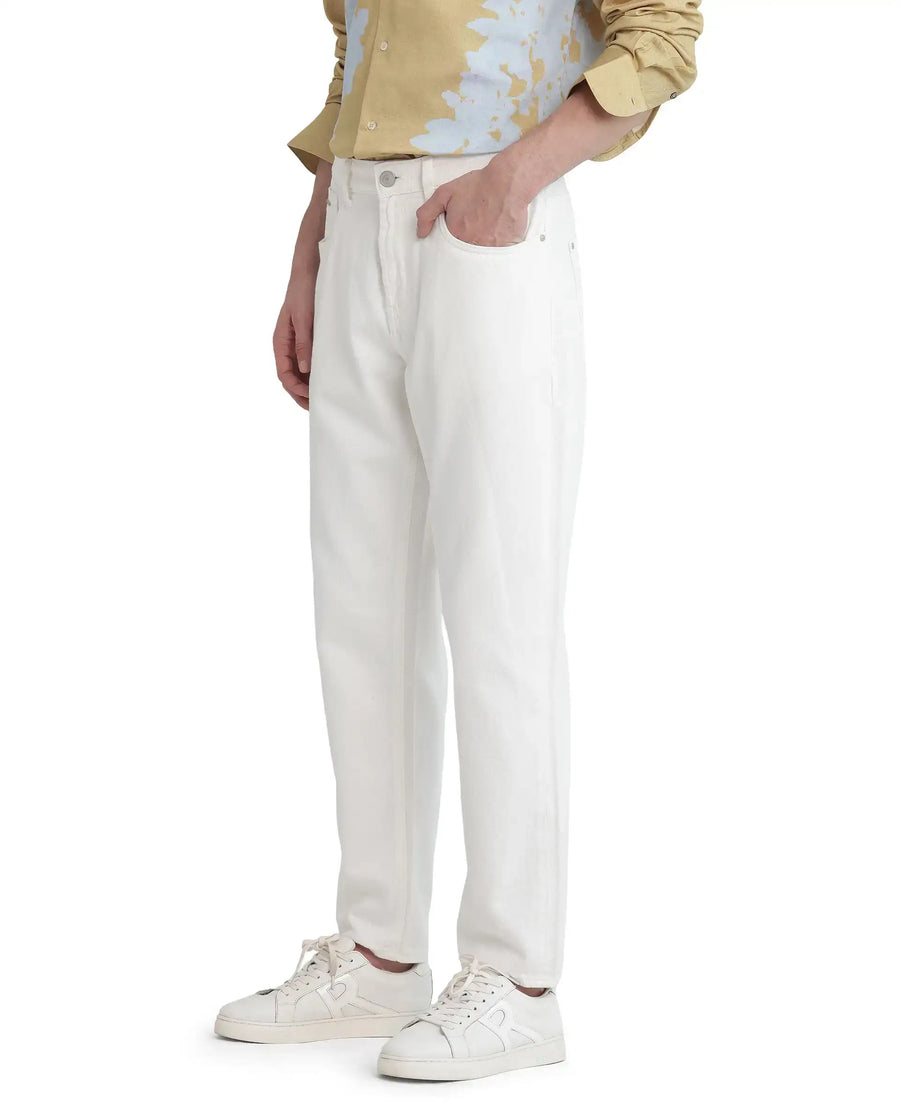 Rare Rabbit Men's Arvi Off White Cotton Plain Dond Carrot Fit Jeans