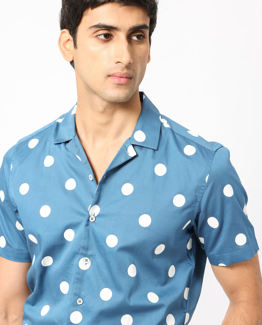 Rare Rabbit Men's Astel Blue Cotton Polka Print Tailored Fit Half Sleeve Cuban Collar Shirt