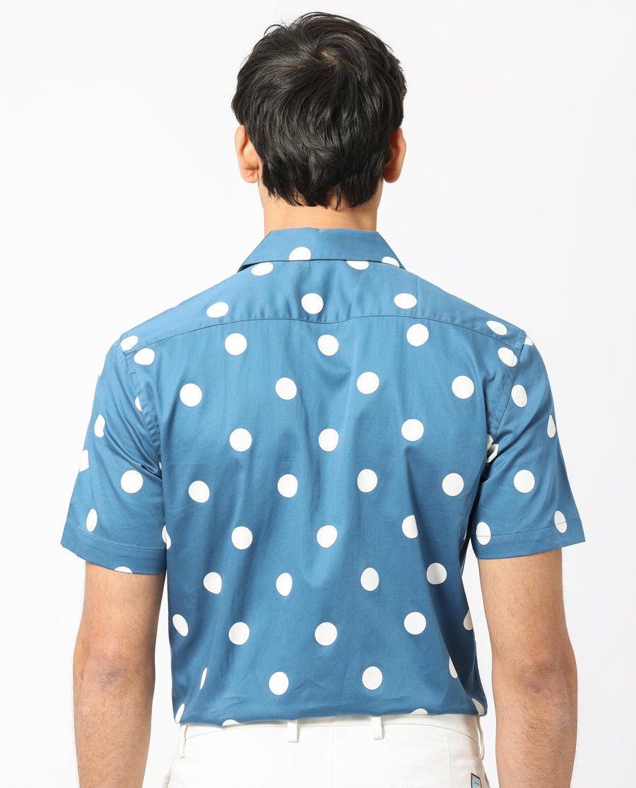 Rare Rabbit Men's Astel Blue Cotton Polka Print Tailored Fit Half Sleeve Cuban Collar Shirt