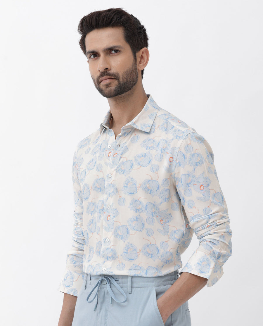 Rare Rabbit Men's Astoc Beige Viscose Floral Print Regular Fit Full Sleeve Collared Shirt