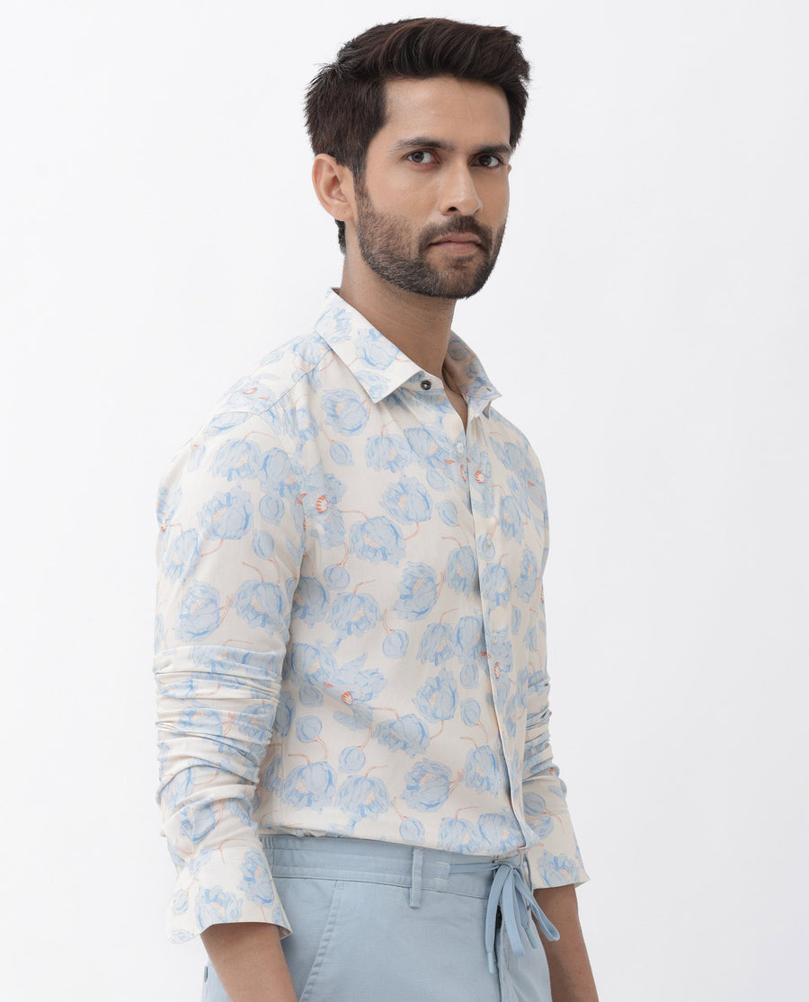 Rare Rabbit Men's Astoc Beige Viscose Floral Print Regular Fit Full Sleeve Collared Shirt
