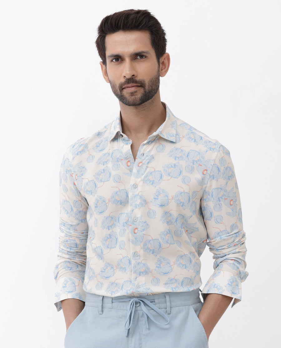 Rare Rabbit Men's Astoc Beige Viscose Floral Print Regular Fit Full Sleeve Collared Shirt