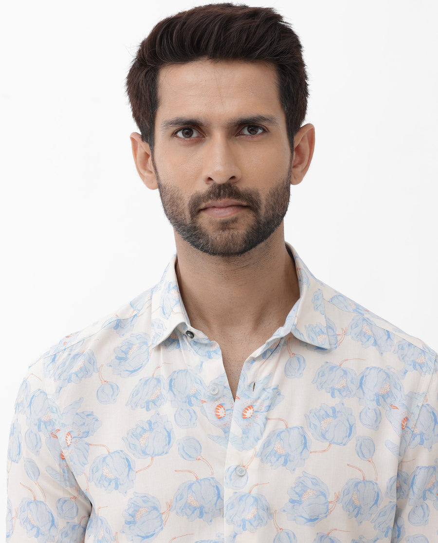 Rare Rabbit Men's Astoc Beige Viscose Floral Print Regular Fit Full Sleeve Collared Shirt