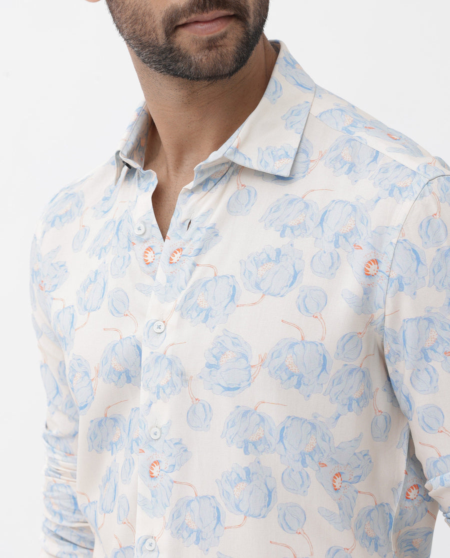 Rare Rabbit Men's Astoc Beige Viscose Floral Print Regular Fit Full Sleeve Collared Shirt