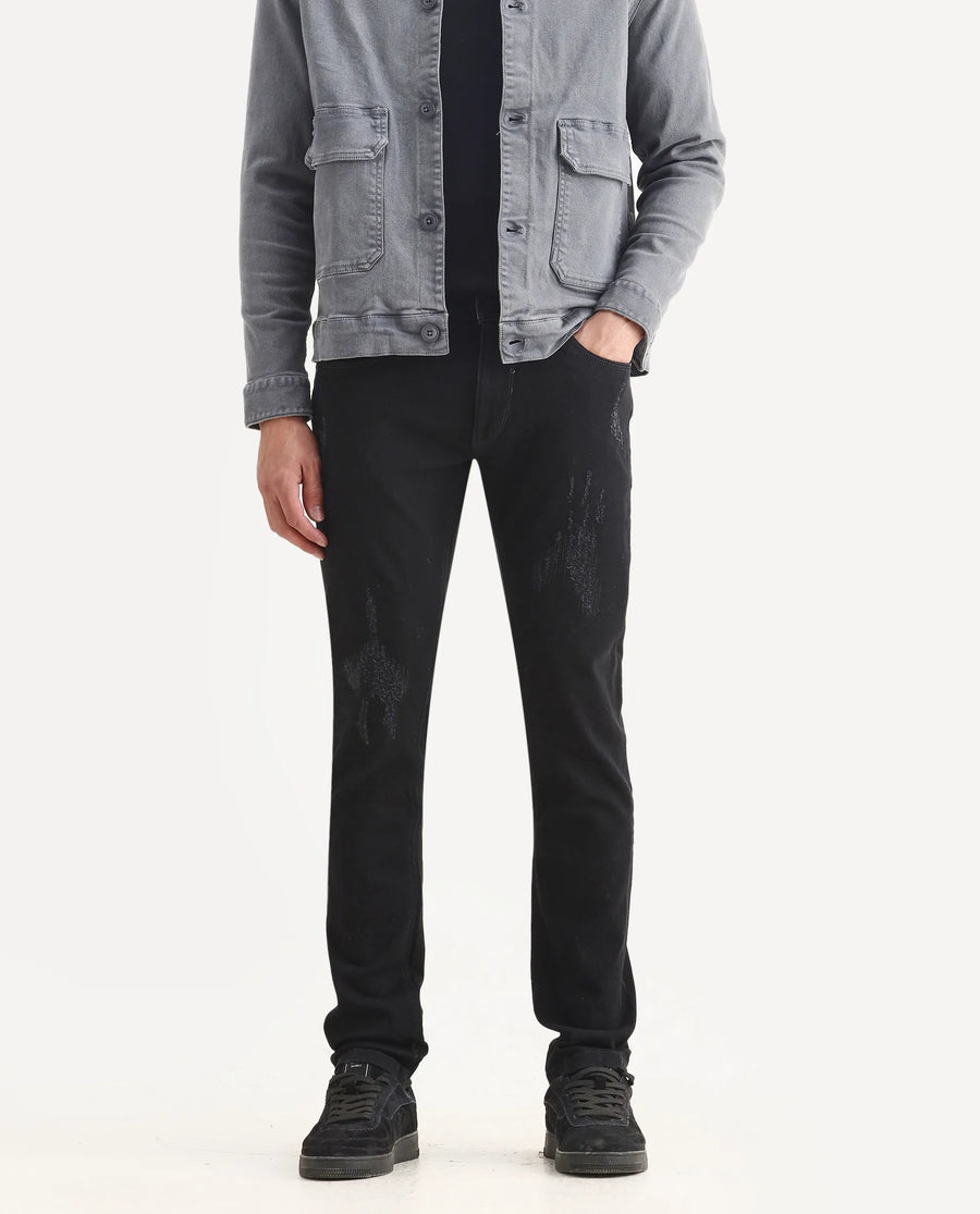 Rare Rabbit Men's Astral Black Cotton Plain Hawk Slim Fit Jeans