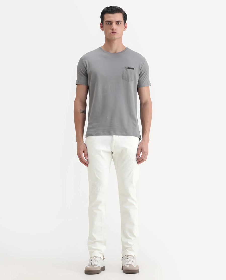 Rare Rabbit Men's Astral White Cotton Plain Hawk Slim Fit Jeans