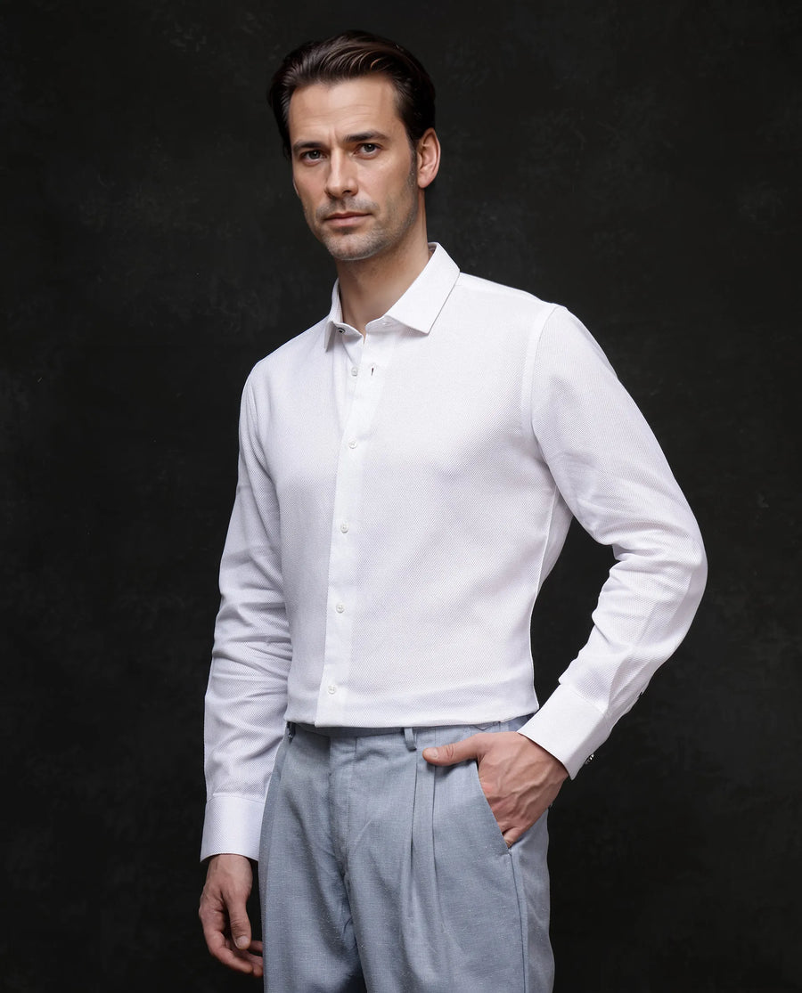 Rare Rabbit Men's Astron-1 White Cotton Plain Regular Fit Full Sleeve Collared Shirt