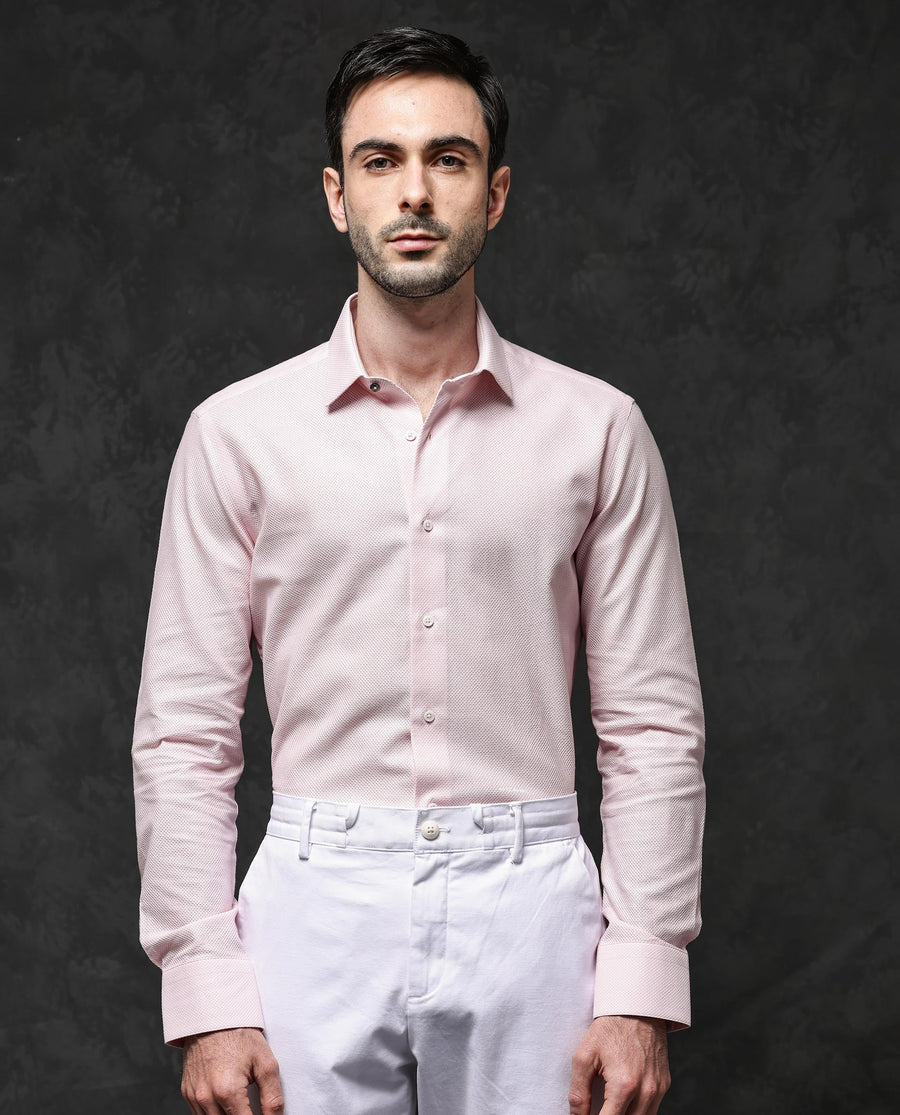 Rare Rabbit Men's Astron Pastel Pink Cotton Textured Regular Fit Full Sleeve Collared Shirt