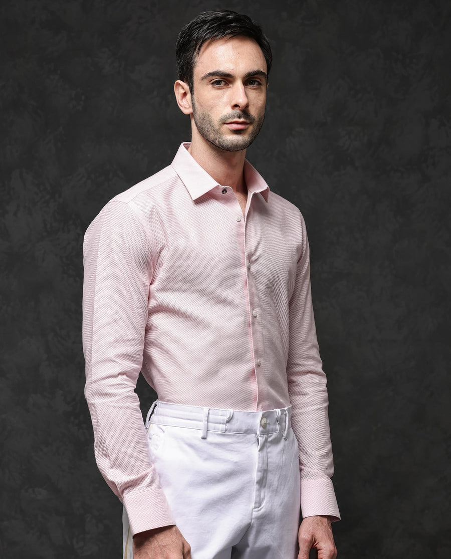 Rare Rabbit Men's Astron Pastel Pink Cotton Textured Regular Fit Full Sleeve Collared Shirt