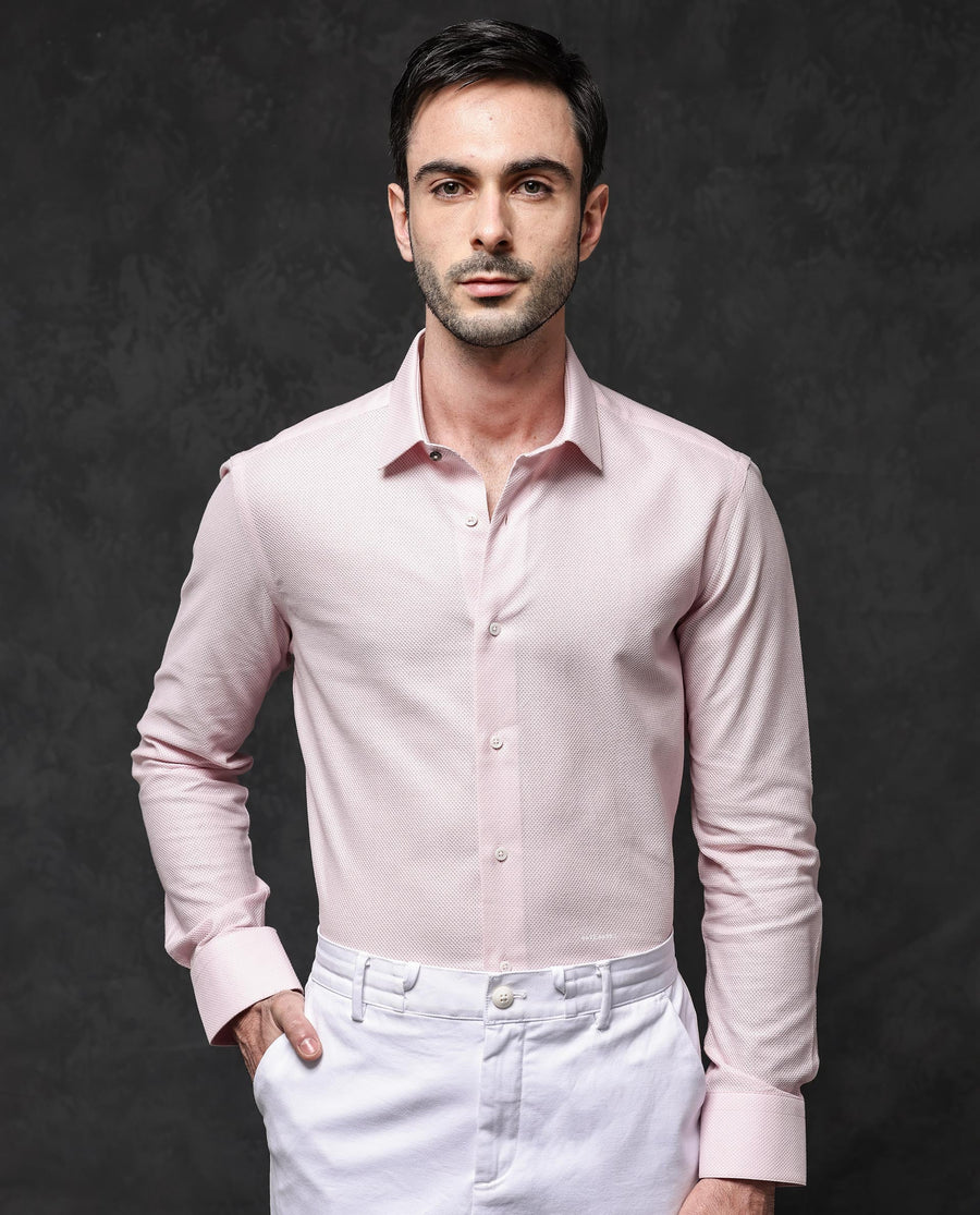 Rare Rabbit Men's Astron Pastel Pink Cotton Textured Regular Fit Full Sleeve Collared Shirt