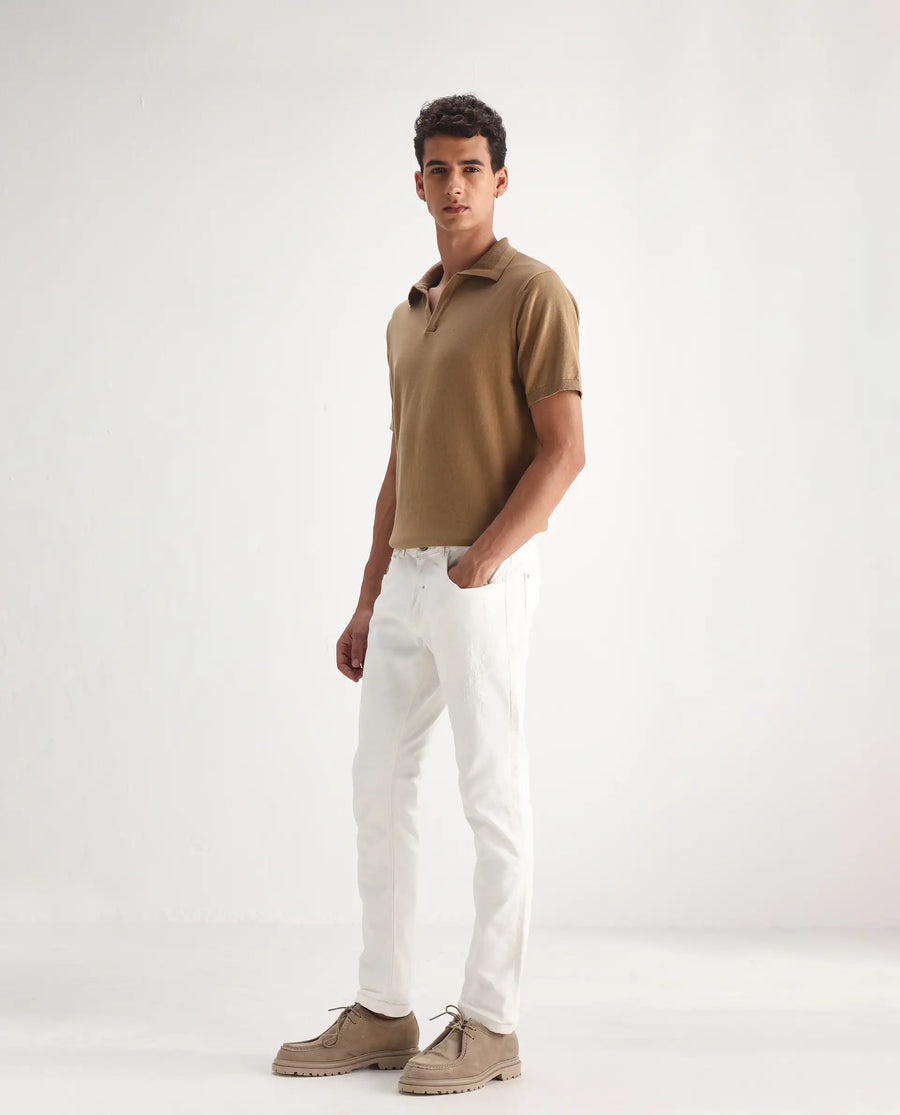 Rare Rabbit Men's Astro White Cotton Blend Plain Hawk Slim Fit Jeans