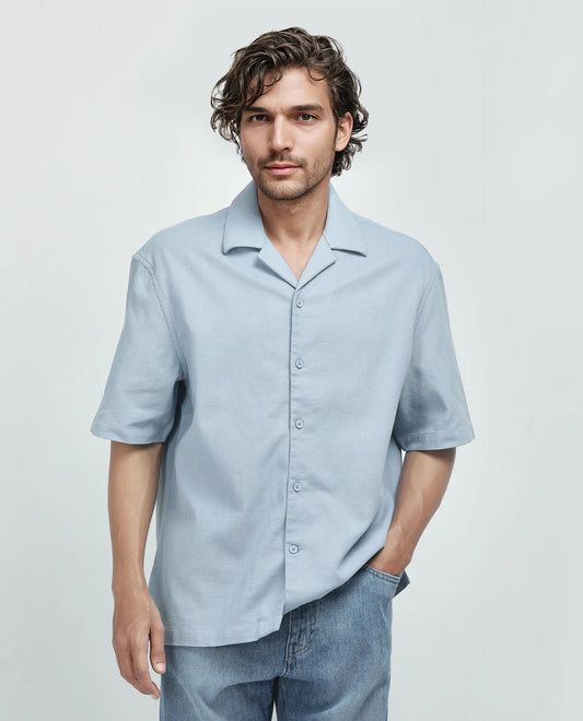 Rare Rabbit Men's Astur Blue Cotton Plain Boxy Fit Half Sleeve Cuban Collar Shirt