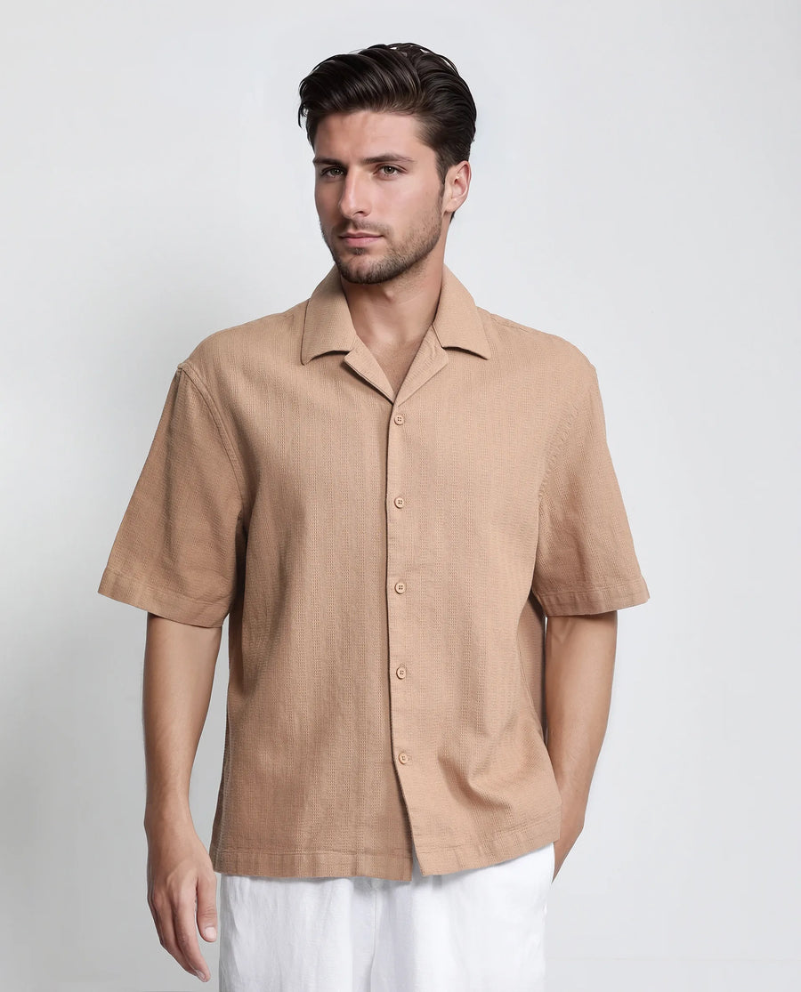 Rare Rabbit Men's Astur Brown Cotton Plain Boxy Fit Half Sleeve Cuban Collar Shirt