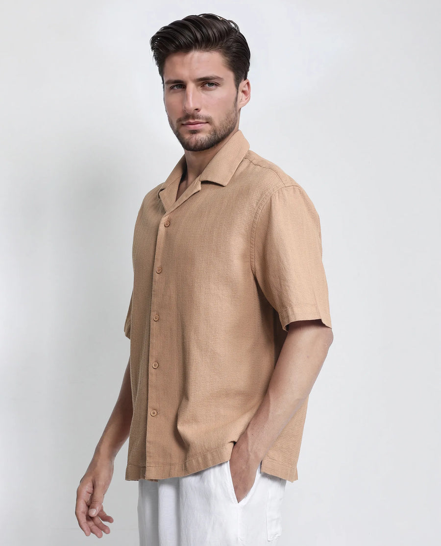 Rare Rabbit Men's Astur Brown Cotton Plain Boxy Fit Half Sleeve Cuban Collar Shirt