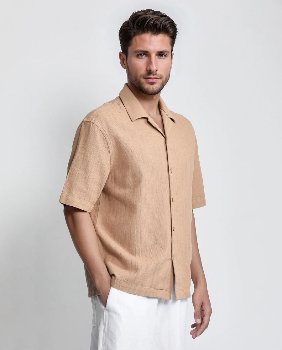 Rare Rabbit Men's Astur Brown Cotton Plain Boxy Fit Half Sleeve Cuban Collar Shirt