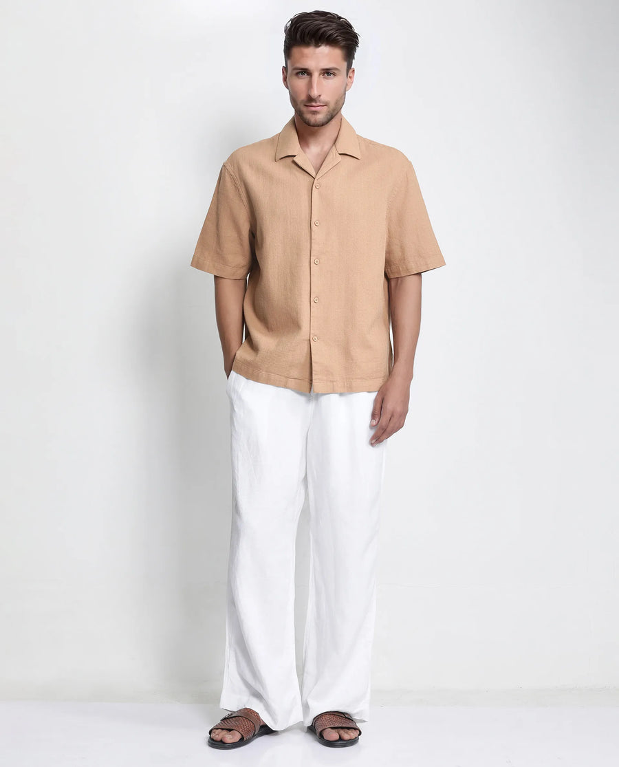 Rare Rabbit Men's Astur Brown Cotton Plain Boxy Fit Half Sleeve Cuban Collar Shirt