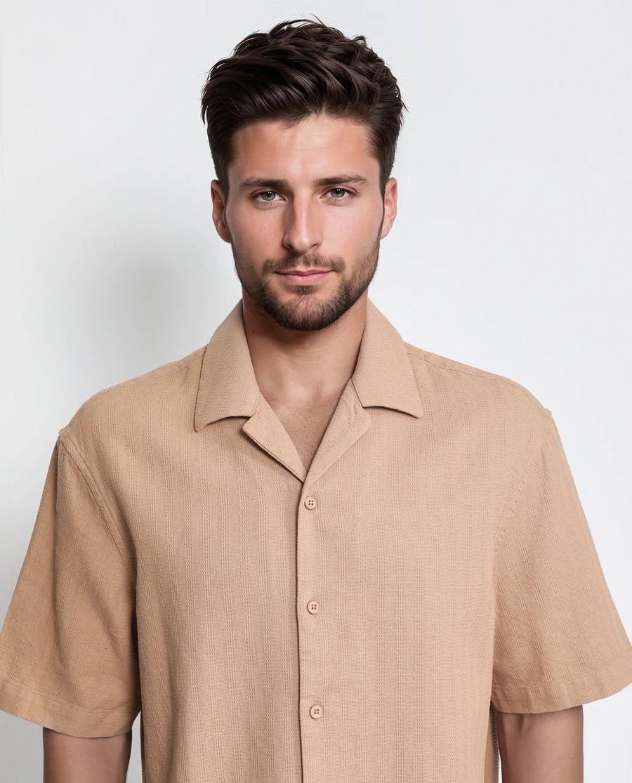 Rare Rabbit Men's Astur Brown Cotton Plain Boxy Fit Half Sleeve Cuban Collar Shirt