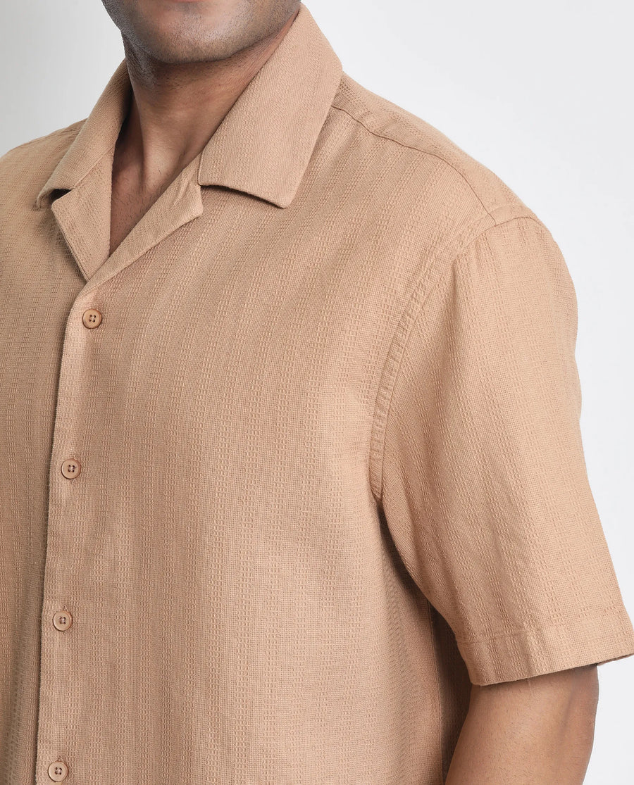 Rare Rabbit Men's Astur Brown Cotton Plain Boxy Fit Half Sleeve Cuban Collar Shirt