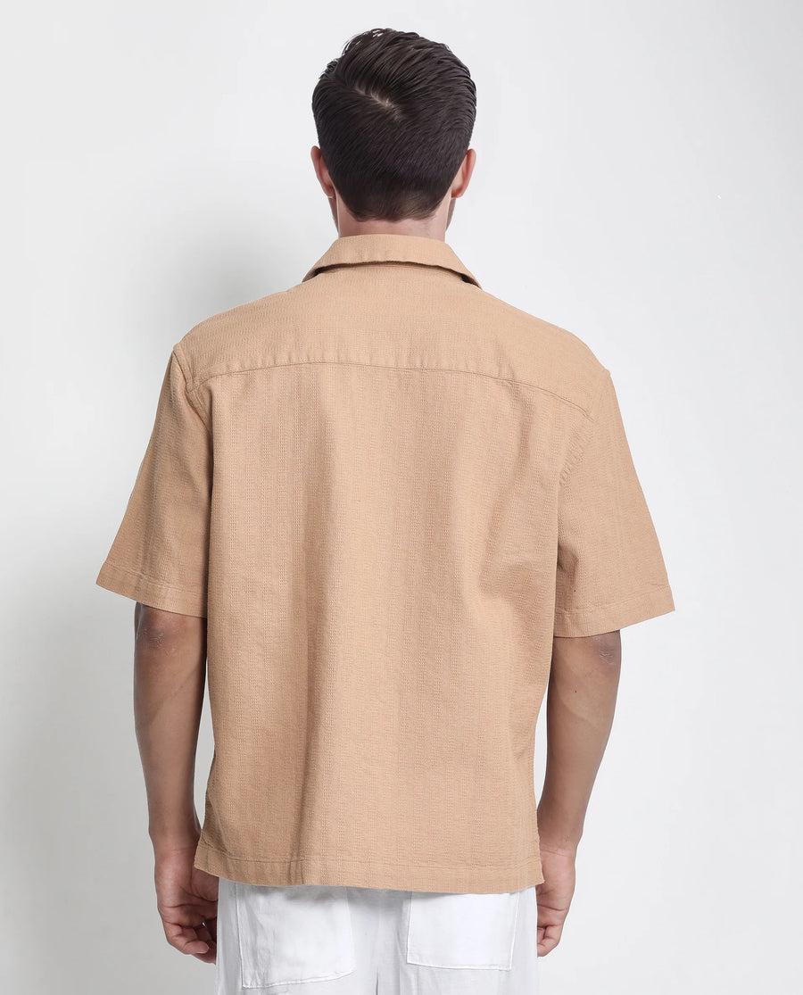 Rare Rabbit Men's Astur Brown Cotton Plain Boxy Fit Half Sleeve Cuban Collar Shirt
