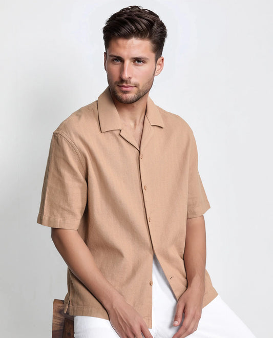 Rare Rabbit Men's Astur Brown Cotton Plain Boxy Fit Half Sleeve Cuban Collar Shirt