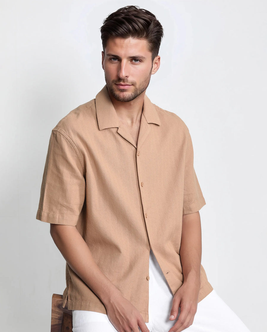 Rare Rabbit Men's Astur Brown Cotton Plain Boxy Fit Half Sleeve Cuban Collar Shirt