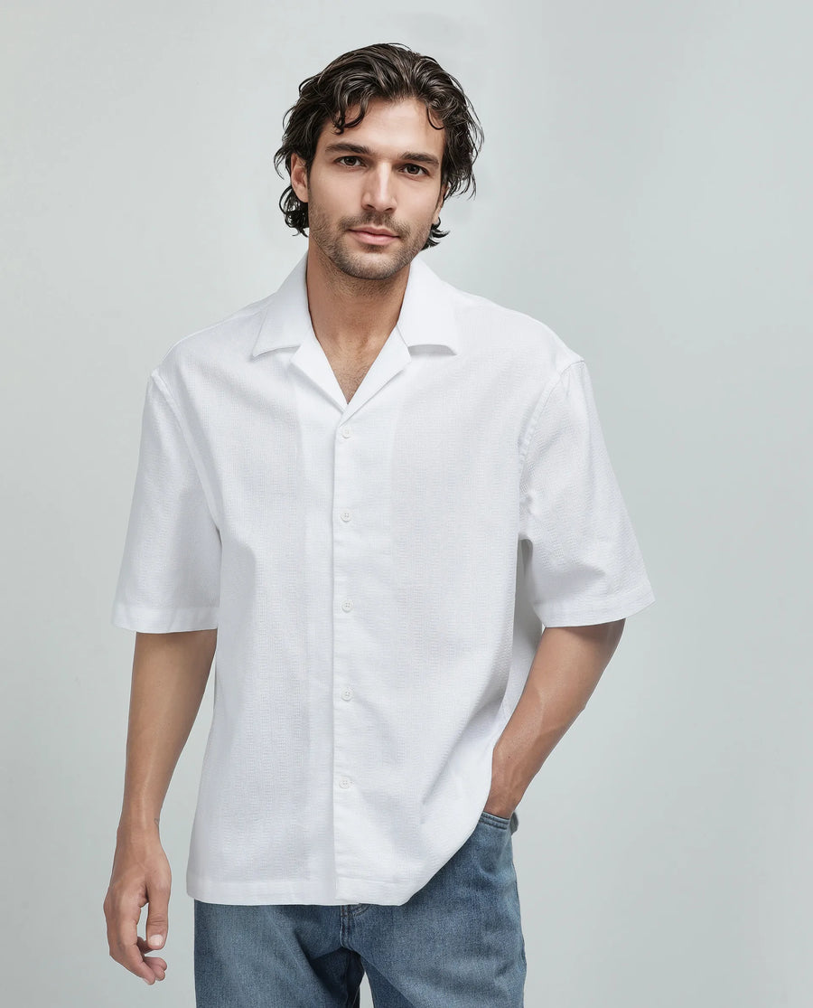 Rare Rabbit Men's Astur Off White Cotton Plain Boxy Fit Half Sleeve Cuban Collar Shirt