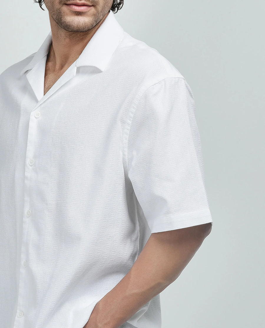 Rare Rabbit Men's Astur Off White Cotton Plain Boxy Fit Half Sleeve Cuban Collar Shirt