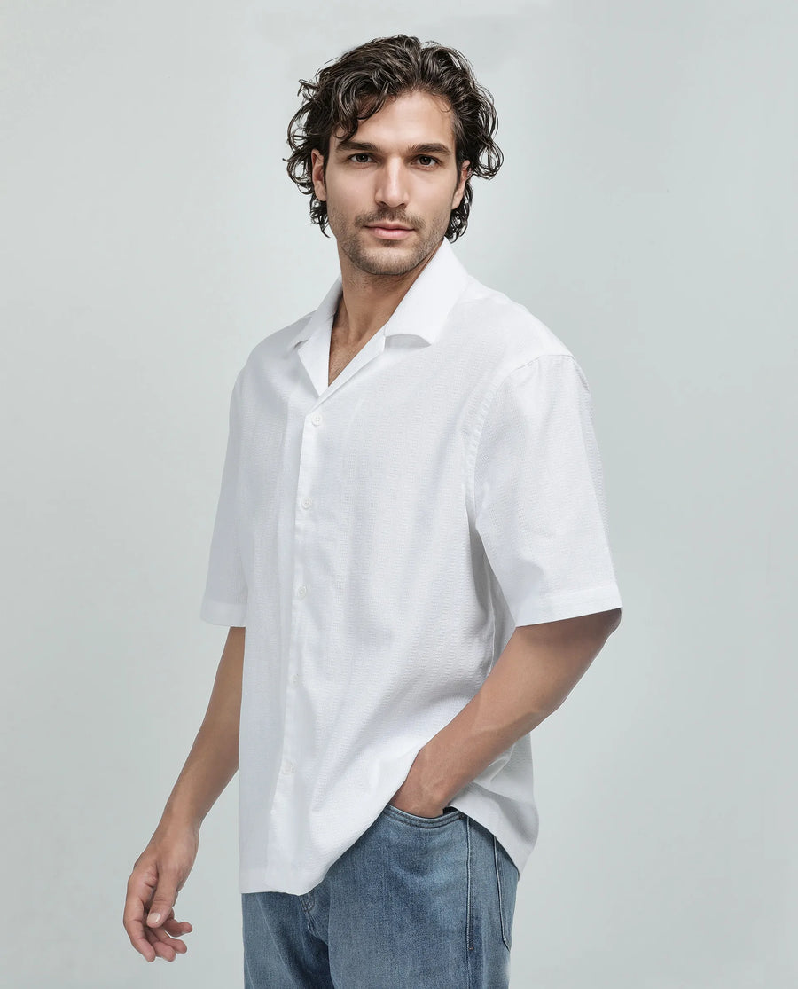Rare Rabbit Men's Astur Off White Cotton Plain Boxy Fit Half Sleeve Cuban Collar Shirt
