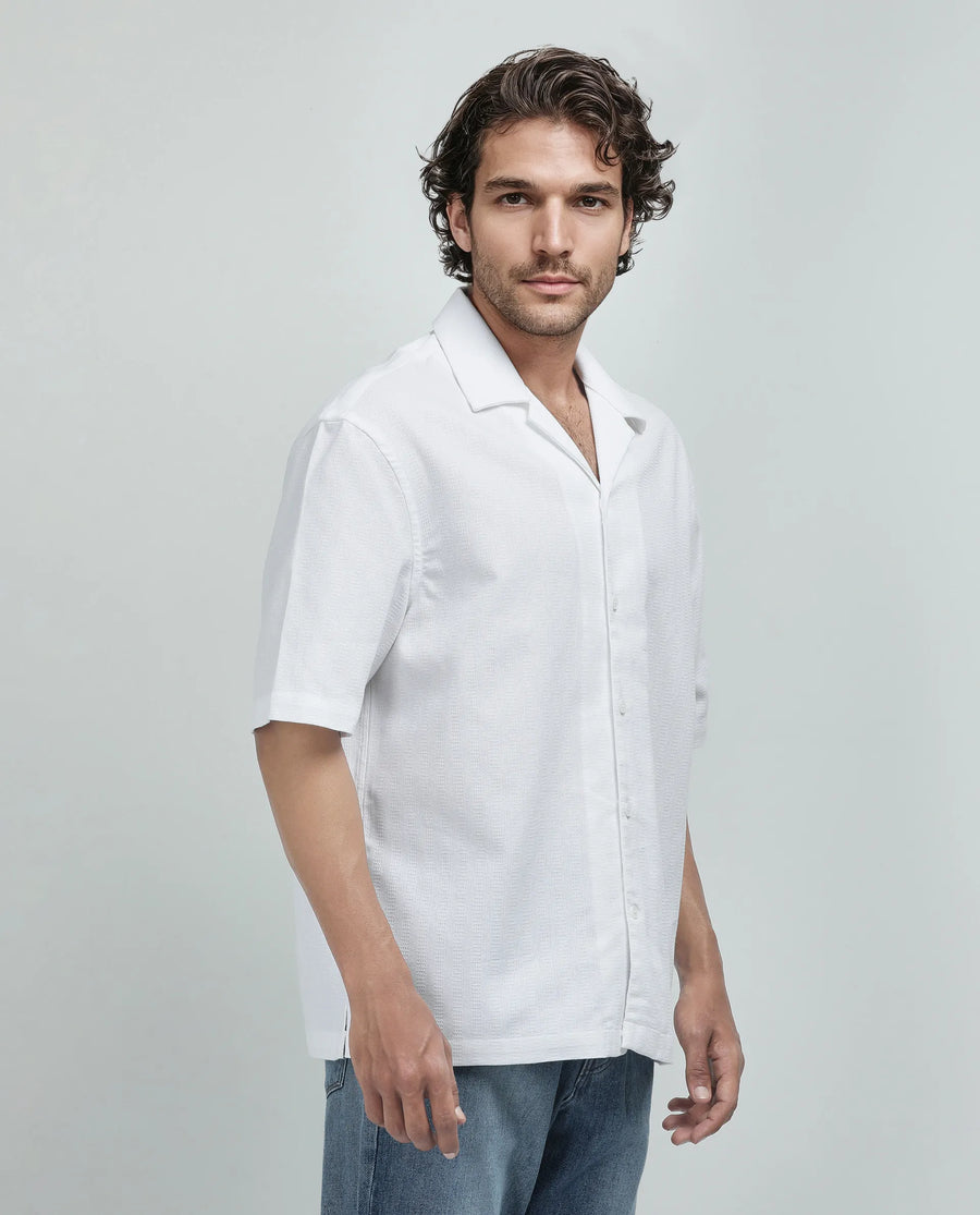 Rare Rabbit Men's Astur Off White Cotton Plain Boxy Fit Half Sleeve Cuban Collar Shirt