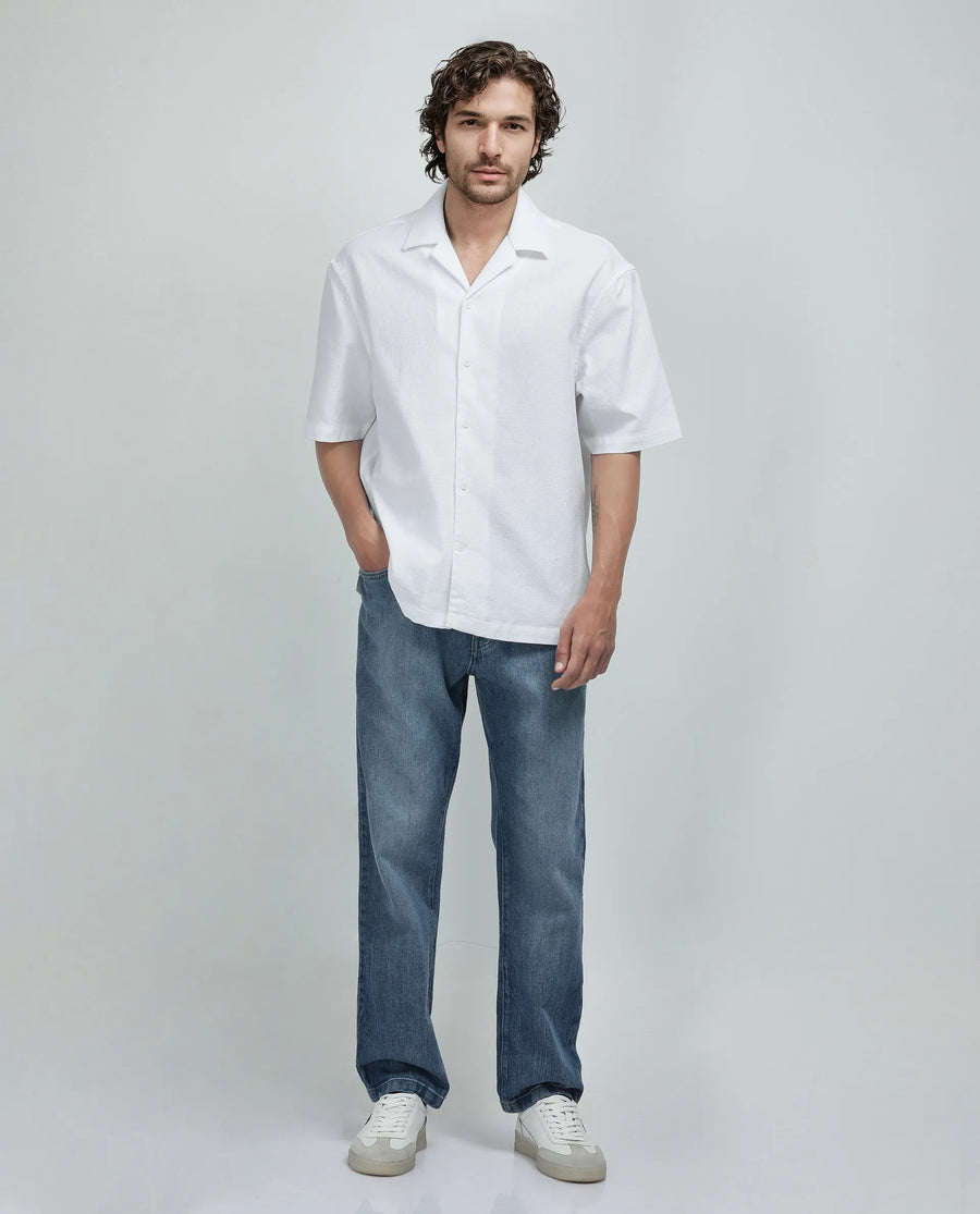 Rare Rabbit Men's Astur Off White Cotton Plain Boxy Fit Half Sleeve Cuban Collar Shirt