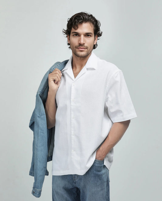 Rare Rabbit Men's Astur Off White Cotton Plain Boxy Fit Half Sleeve Cuban Collar Shirt