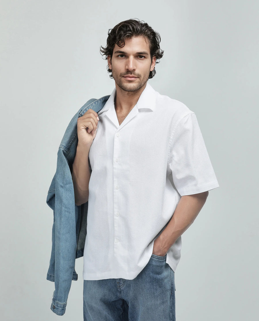 Rare Rabbit Men's Astur Off White Cotton Plain Boxy Fit Half Sleeve Cuban Collar Shirt