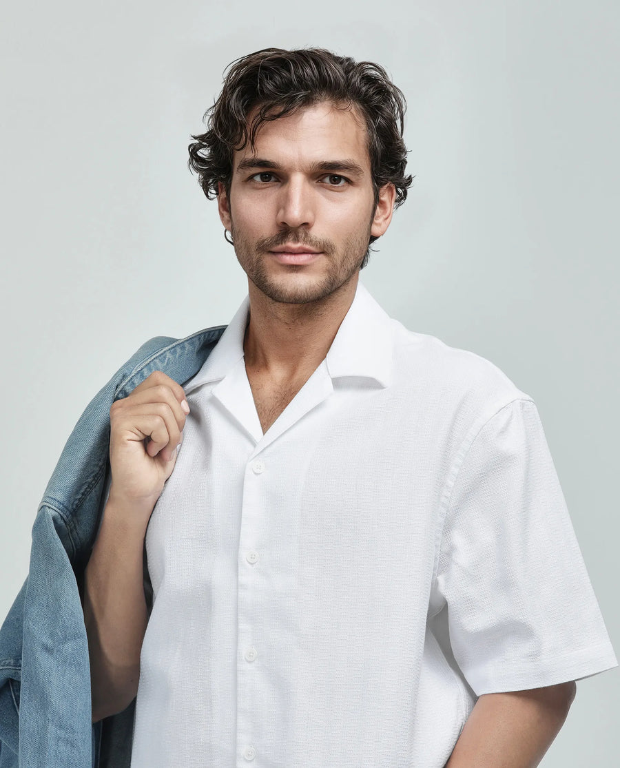 Rare Rabbit Men's Astur Off White Cotton Plain Boxy Fit Half Sleeve Cuban Collar Shirt