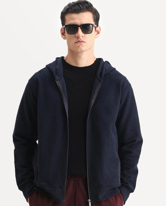 Rare Rabbit Men's Atin Dark Navy Cotton Blend Fabric Full Sleeves Hooded Zipper Closure Graphic Print Sweatshirt