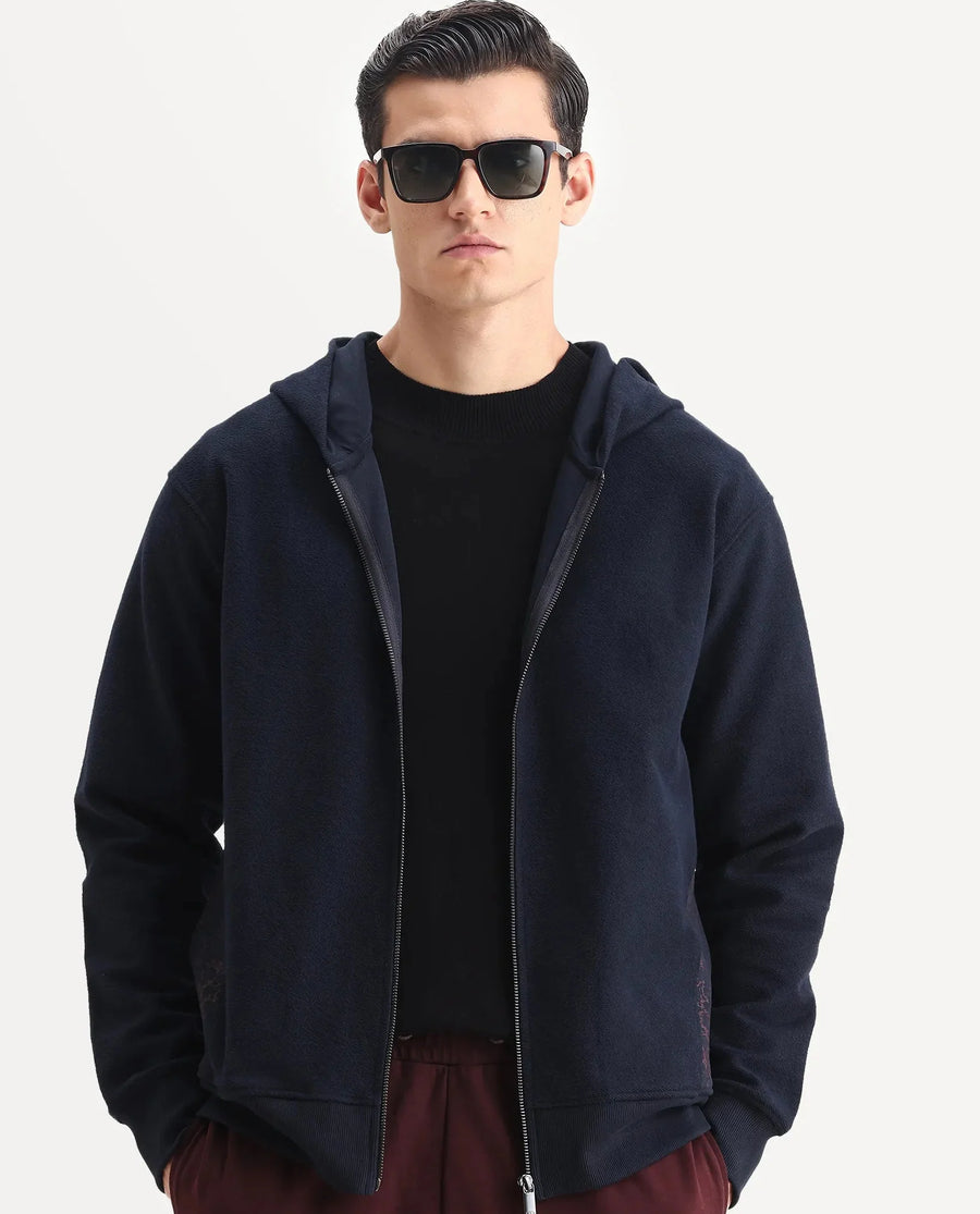 Rare Rabbit Men's Atin Dark Navy Cotton Blend Fabric Full Sleeves Hooded Zipper Closure Graphic Print Sweatshirt