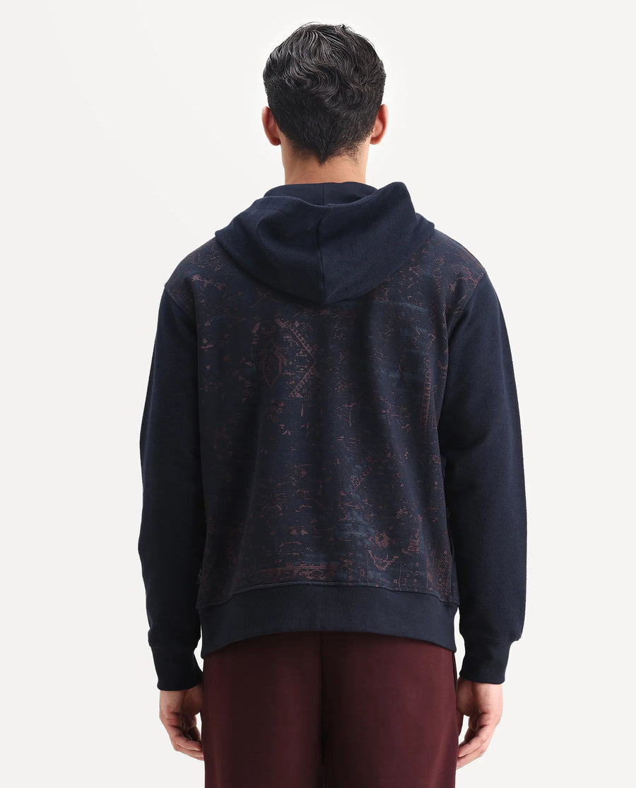 Rare Rabbit Men's Atin Dark Navy Cotton Blend Fabric Full Sleeves Hooded Zipper Closure Graphic Print Sweatshirt