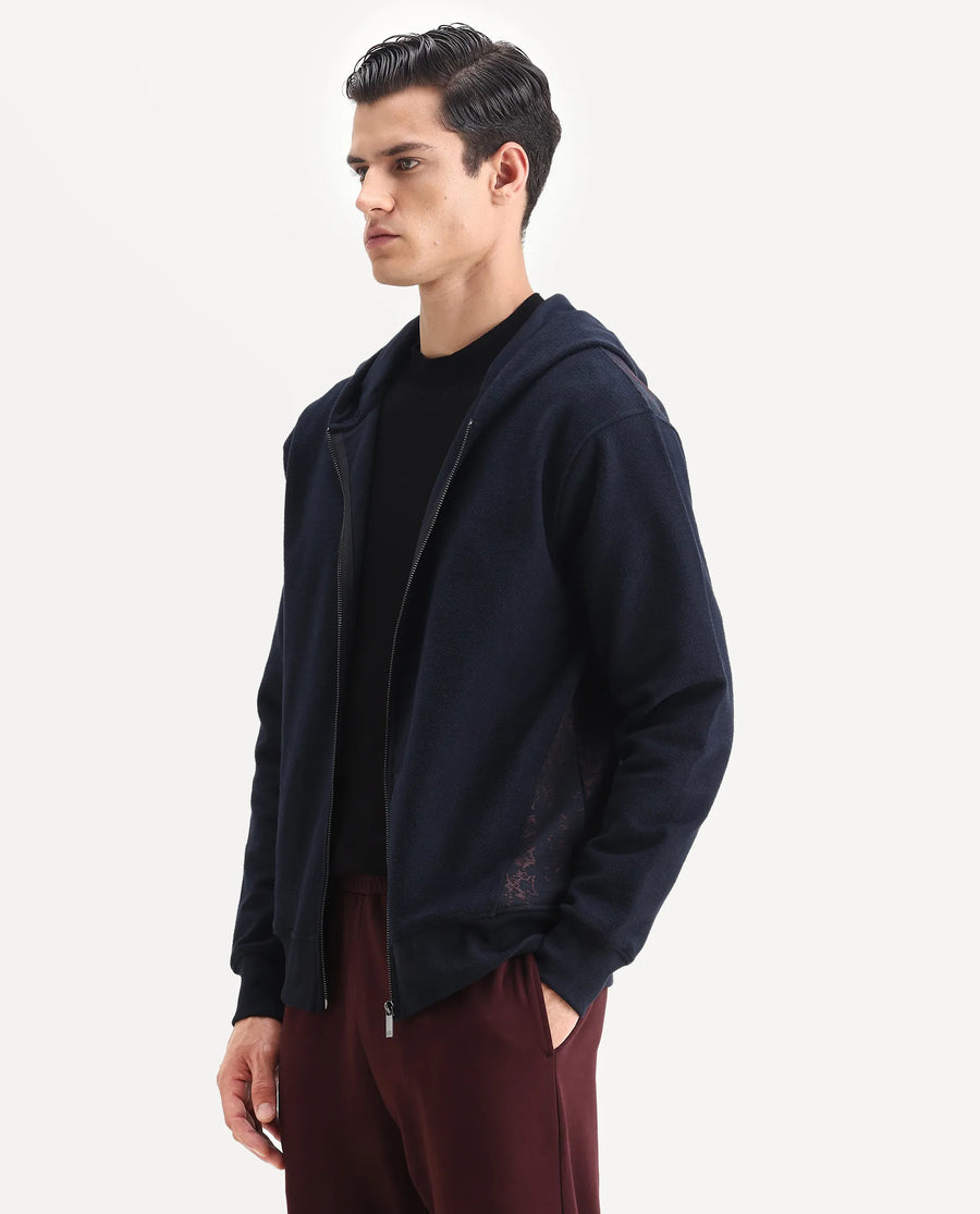Rare Rabbit Men's Atin Dark Navy Cotton Blend Fabric Full Sleeves Hooded Zipper Closure Graphic Print Sweatshirt
