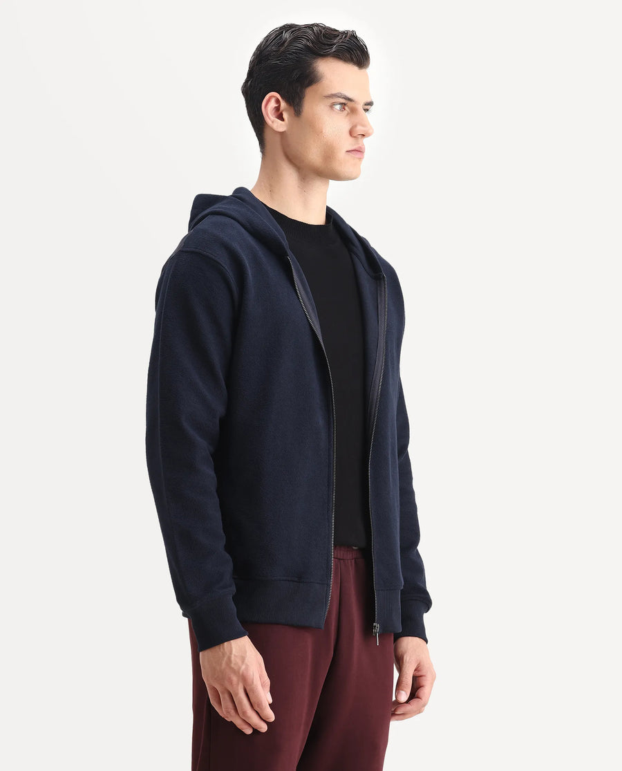 Rare Rabbit Men's Atin Dark Navy Cotton Blend Fabric Full Sleeves Hooded Zipper Closure Graphic Print Sweatshirt