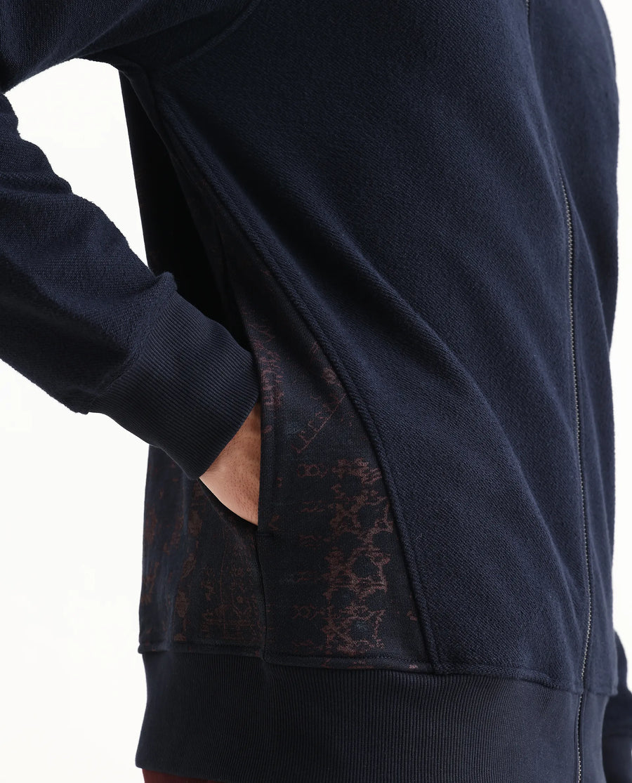 Rare Rabbit Men's Atin Dark Navy Cotton Blend Fabric Full Sleeves Hooded Zipper Closure Graphic Print Sweatshirt