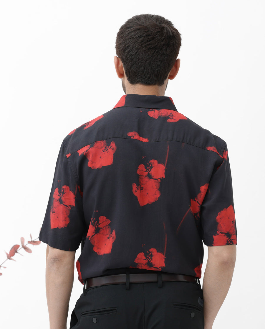 Rare Rabbit Men's Atley Black Viscose Abstract Print Boxy Fit Half Sleeve Collared Shirt
