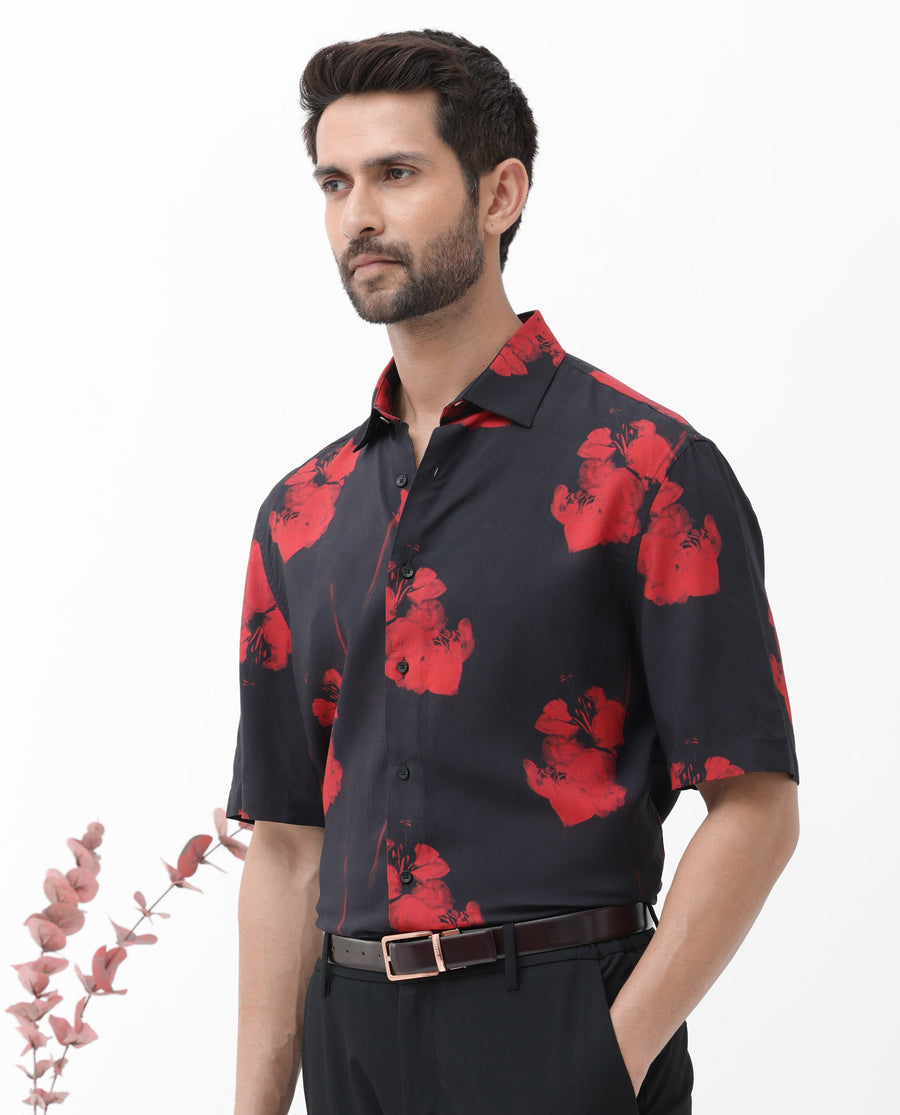 Rare Rabbit Men's Atley Black Viscose Abstract Print Boxy Fit Half Sleeve Collared Shirt