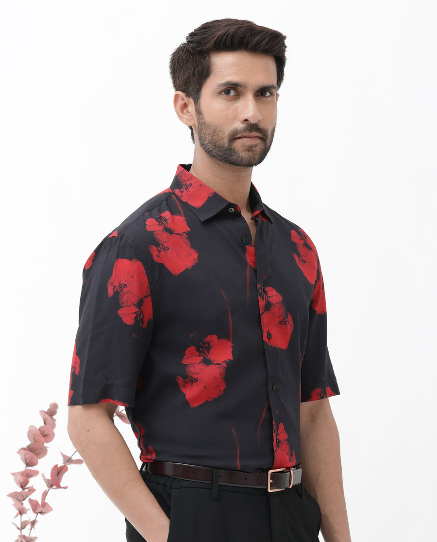Rare Rabbit Men's Atley Black Viscose Abstract Print Boxy Fit Half Sleeve Collared Shirt
