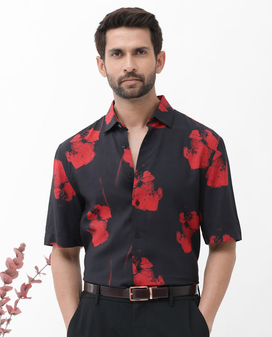 Rare Rabbit Men's Atley Black Viscose Abstract Print Boxy Fit Half Sleeve Collared Shirt